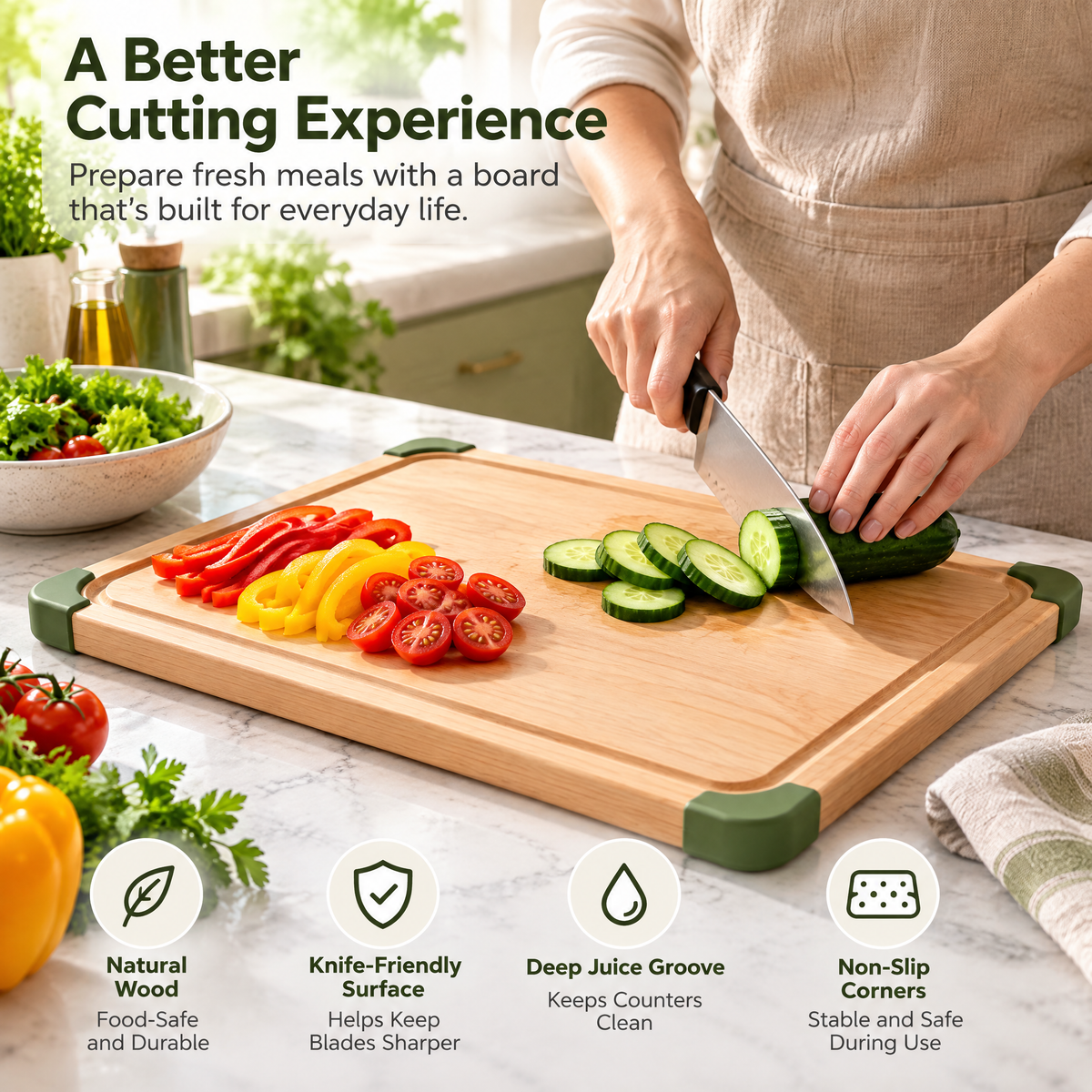 Maple Cutting Board with Green Corner Accents — detail 1