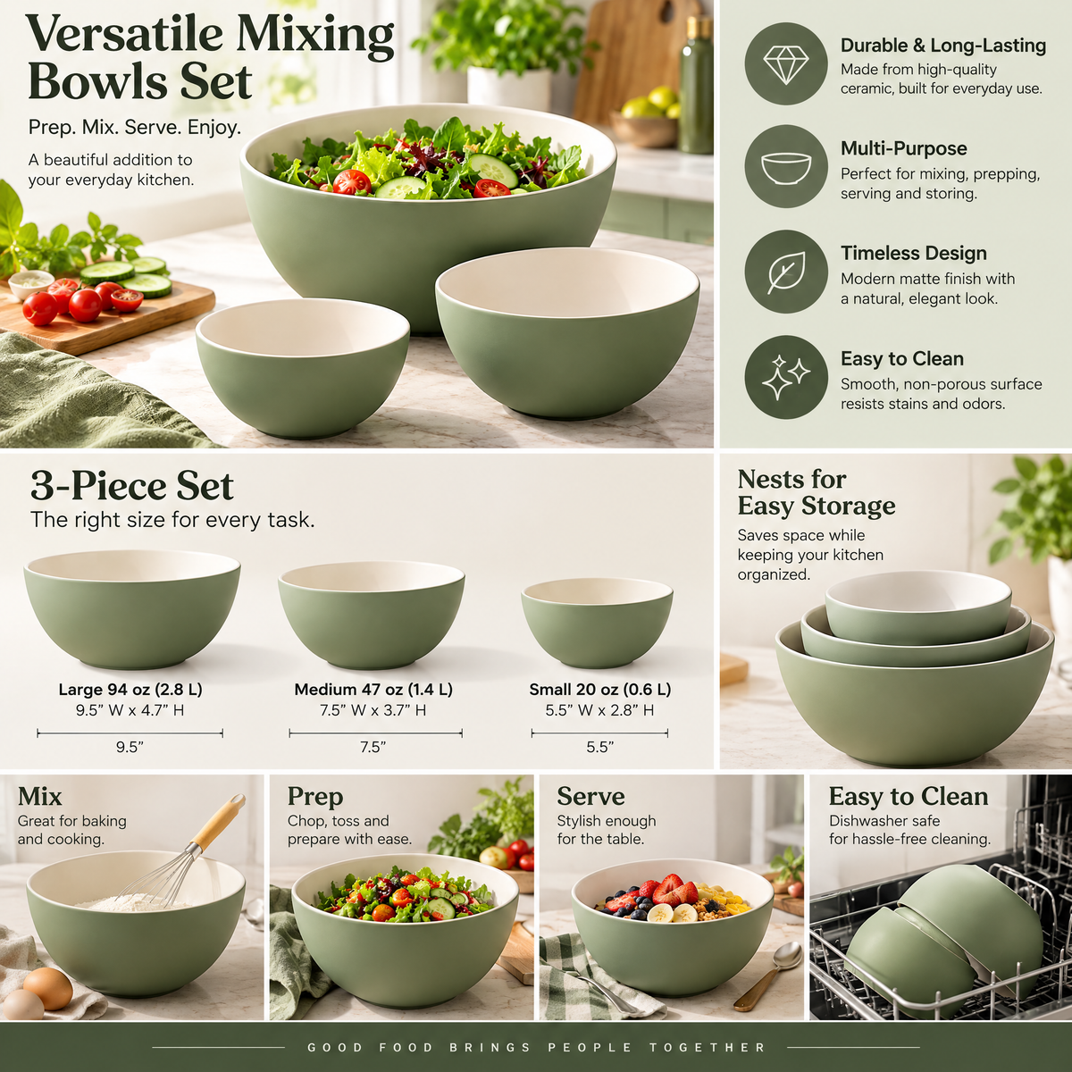 3-Piece Green Nesting Bowl Set — detail 2