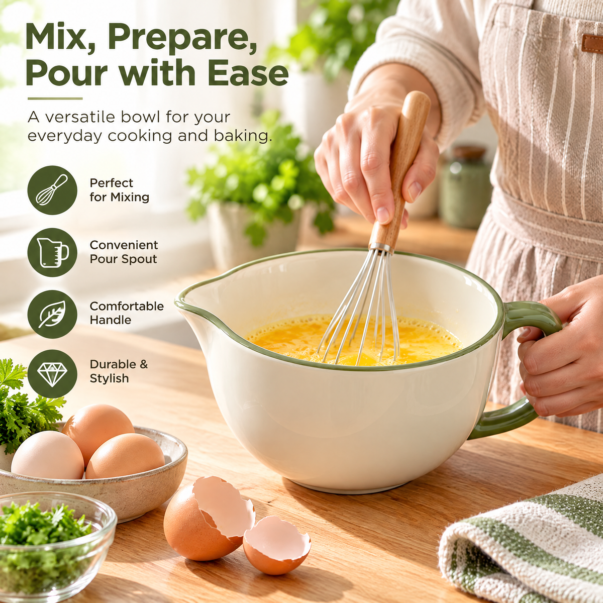 Cream & Green Ceramic Batter Bowl — detail 1
