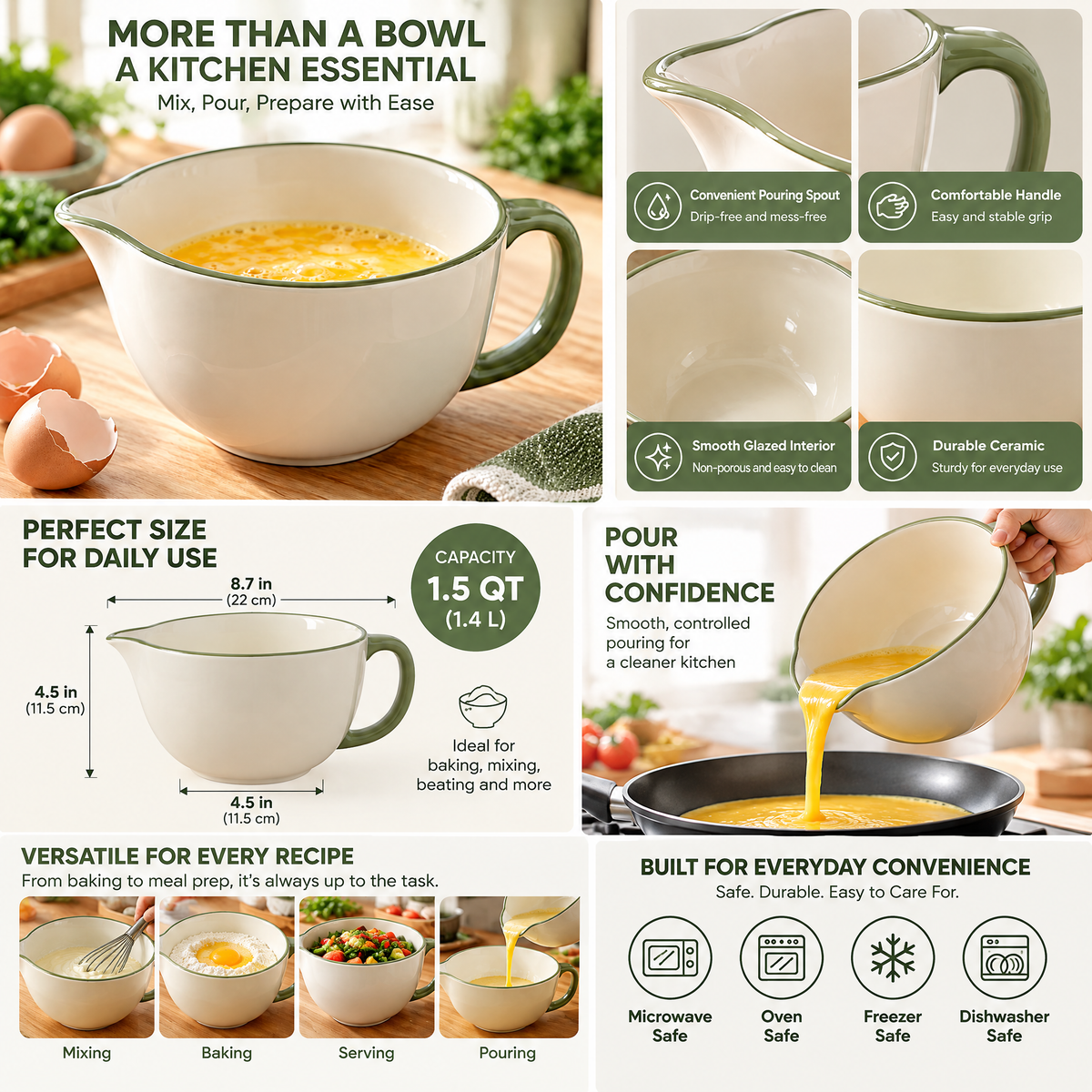 Cream & Green Ceramic Batter Bowl — detail 2