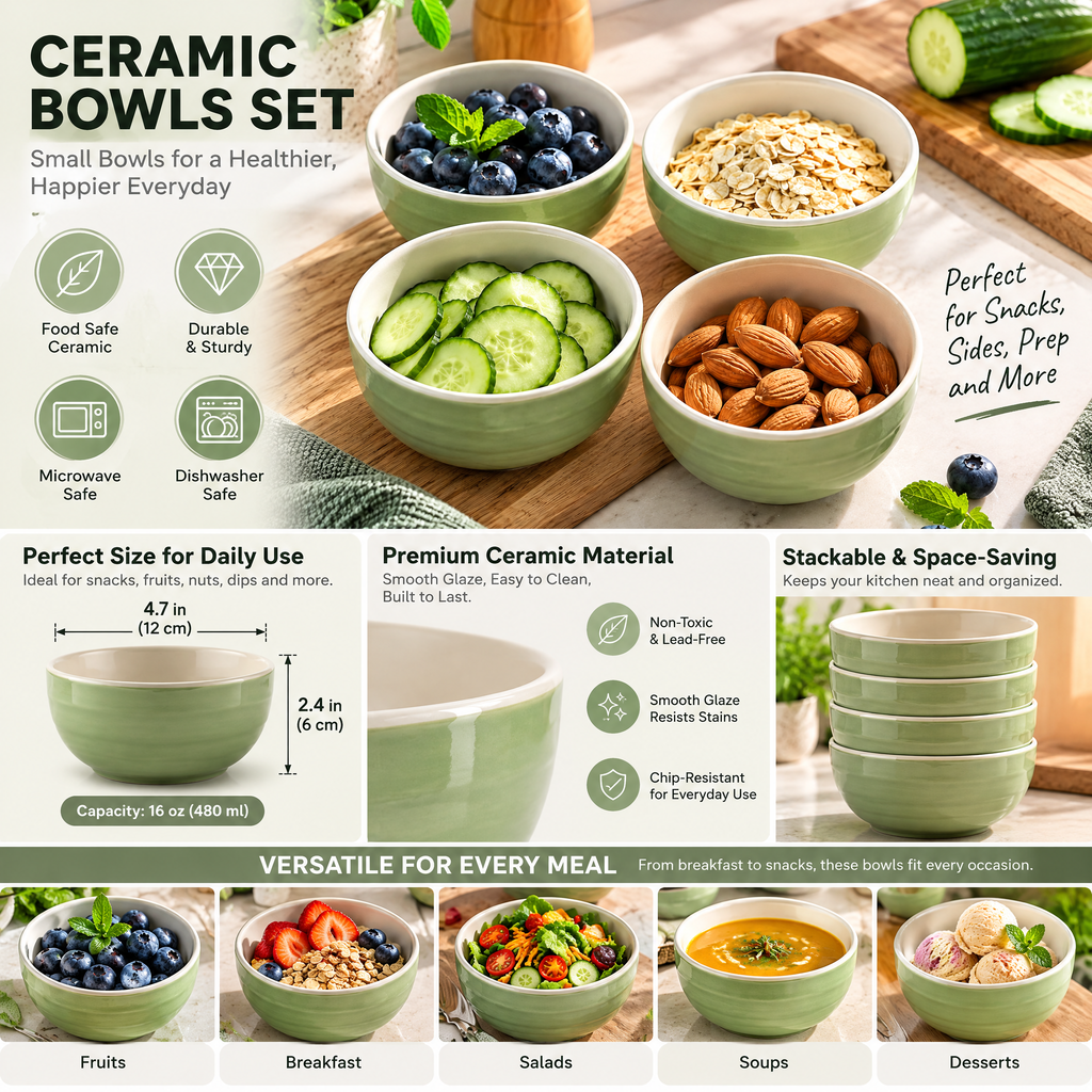 4-Piece Green Ceramic Prep Bowl Set — detail 2