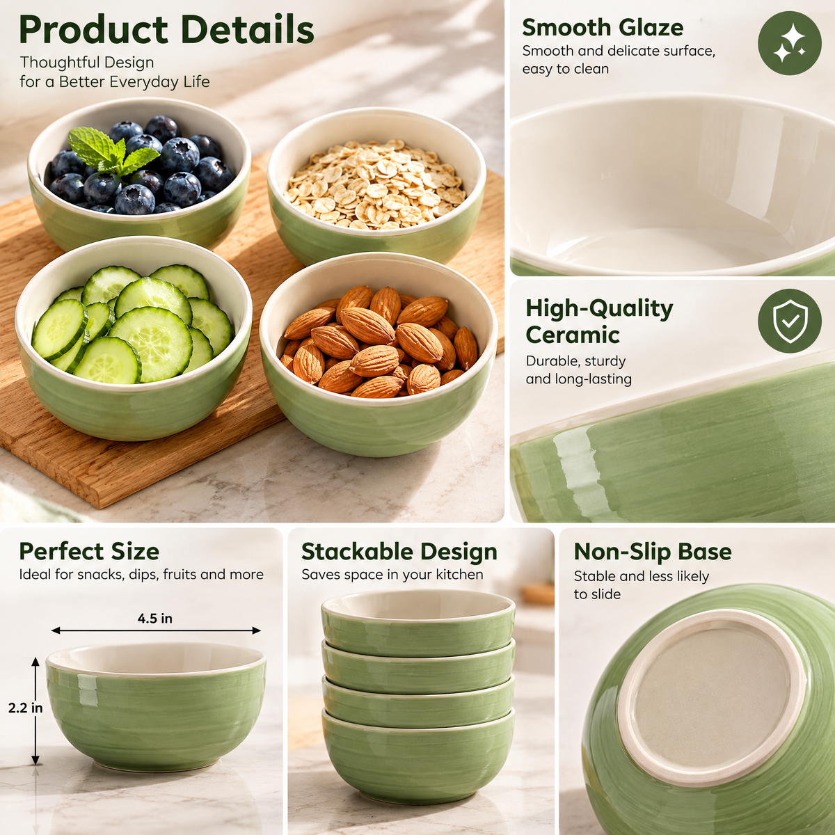 4-Piece Green Ceramic Prep Bowl Set — detail 3