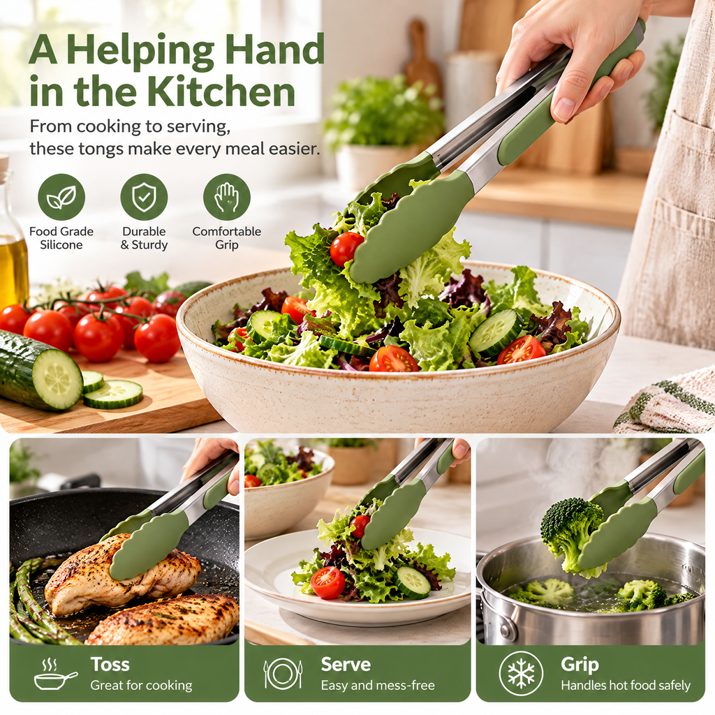 Green Silicone-Tip Kitchen Tongs — detail 1