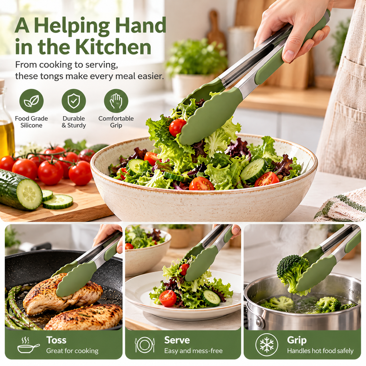 Green Silicone-Tip Kitchen Tongs — detail 1