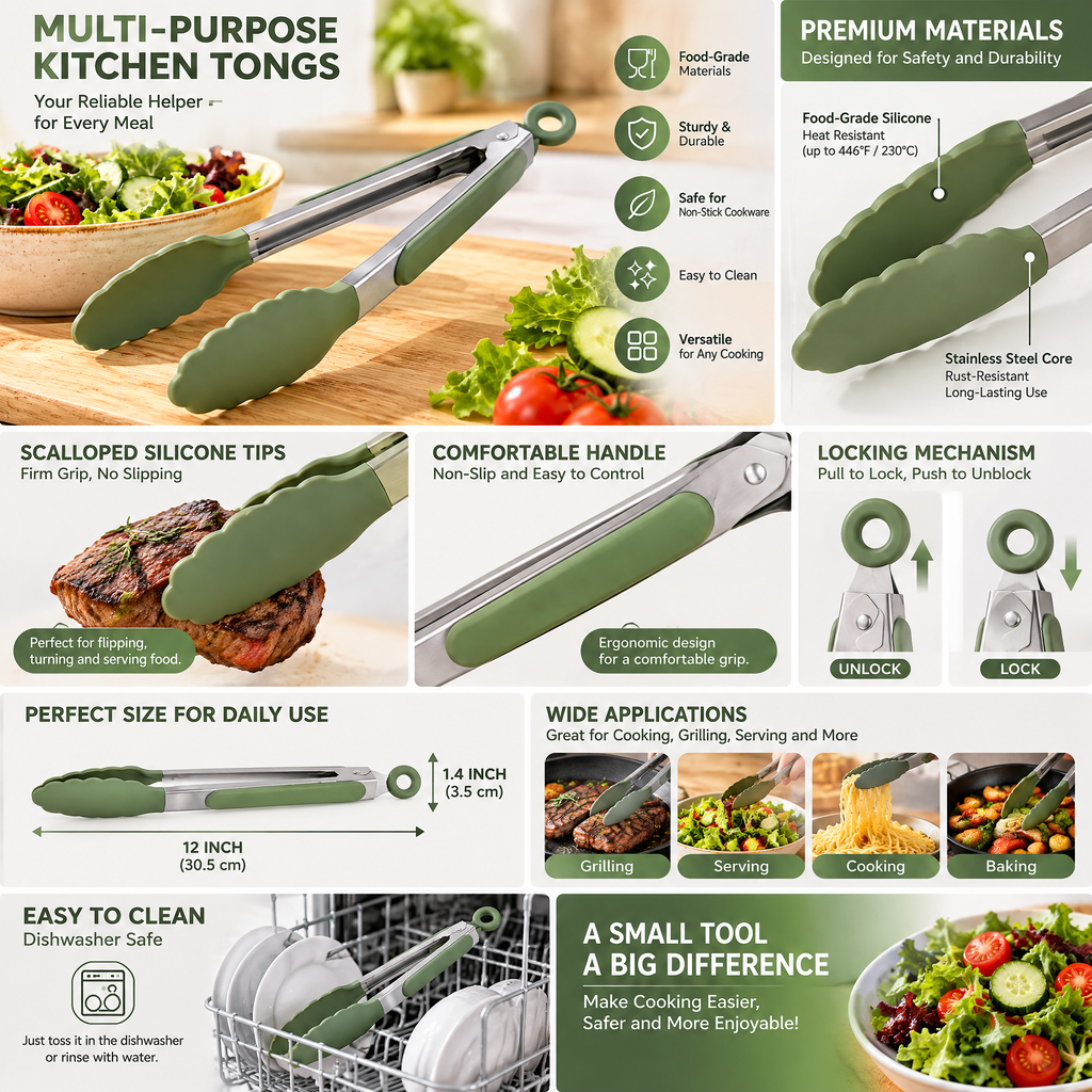 Green Silicone-Tip Kitchen Tongs — detail 2