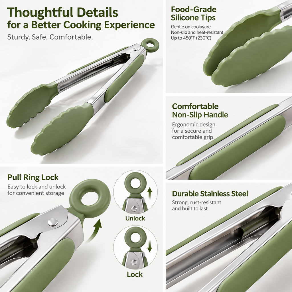 Green Silicone-Tip Kitchen Tongs — detail 3