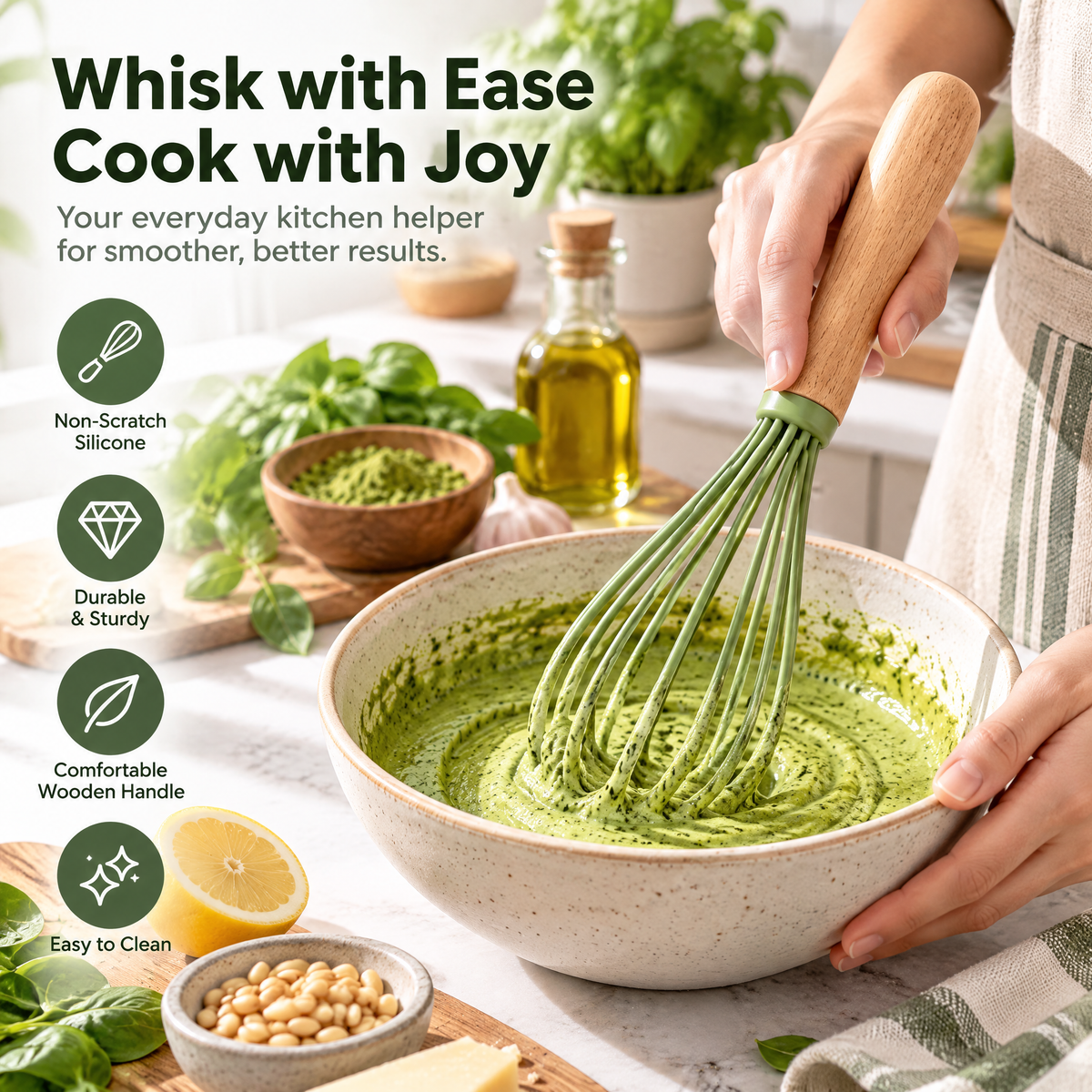 Green Balloon Whisk with Wood Handle — detail 1