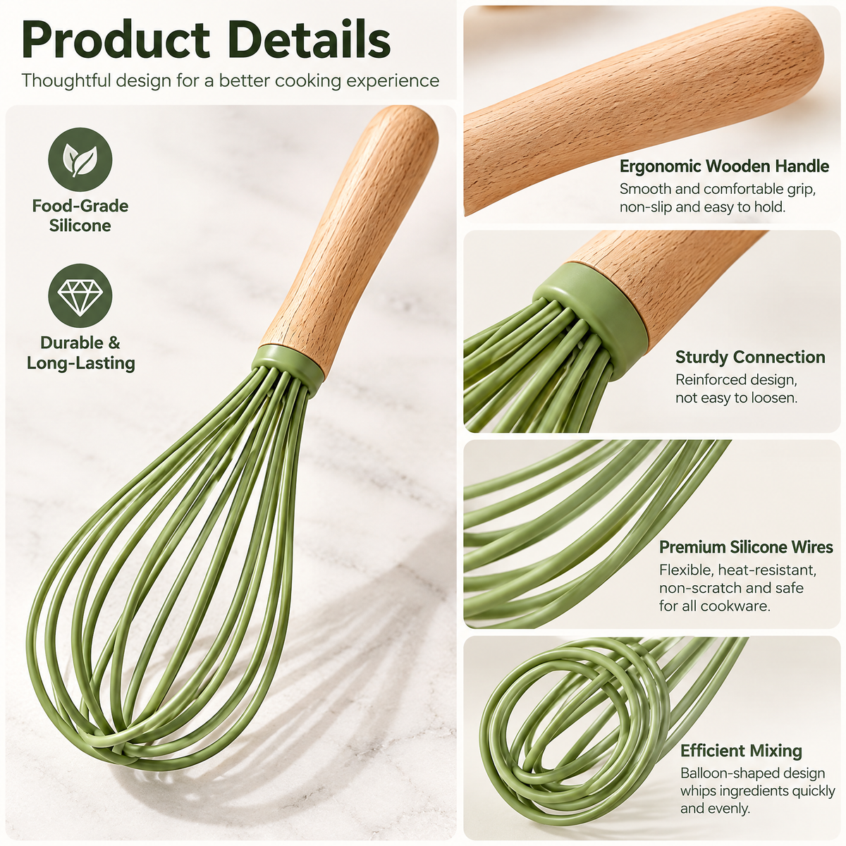 Green Balloon Whisk with Wood Handle — detail 3